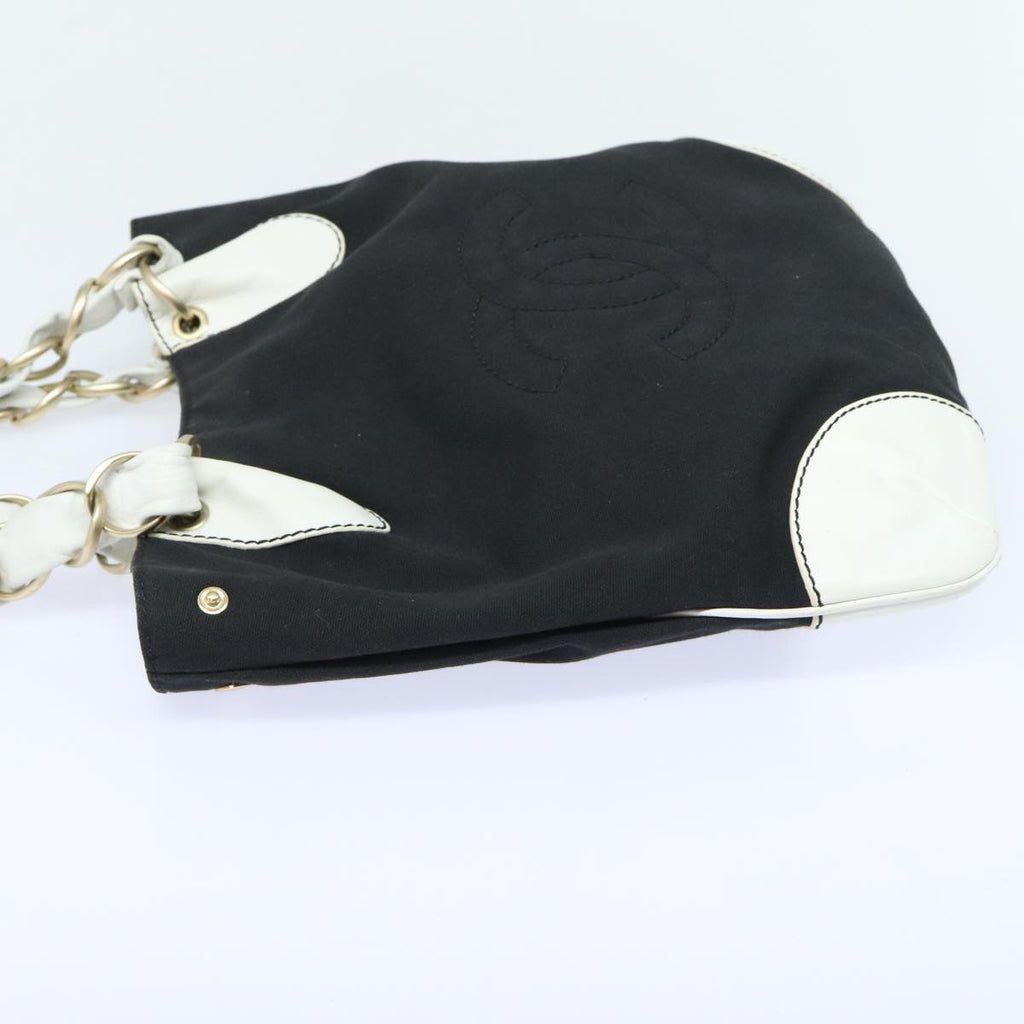 CHANEL COCO Mark Chain Tote Bag Canvas Leather Black White gold CC 90837