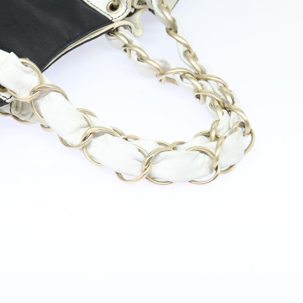 CHANEL COCO Mark Chain Tote Bag Canvas Leather Black White gold CC 90837