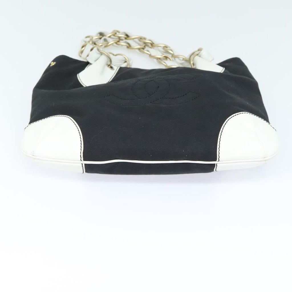CHANEL COCO Mark Chain Tote Bag Canvas Leather Black White gold CC 90837