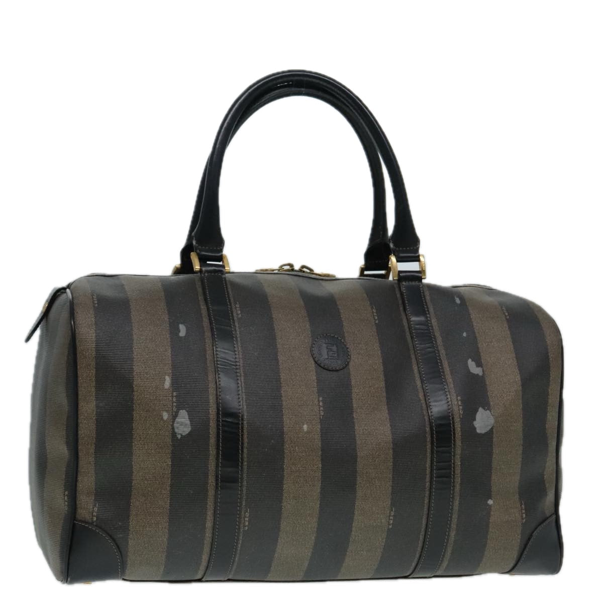 FENDI Pecan Canvas Boston Bag Brown Black gold 90887