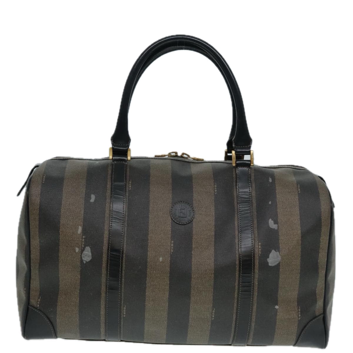 FENDI Pecan Canvas Boston Bag Brown Black gold 90887