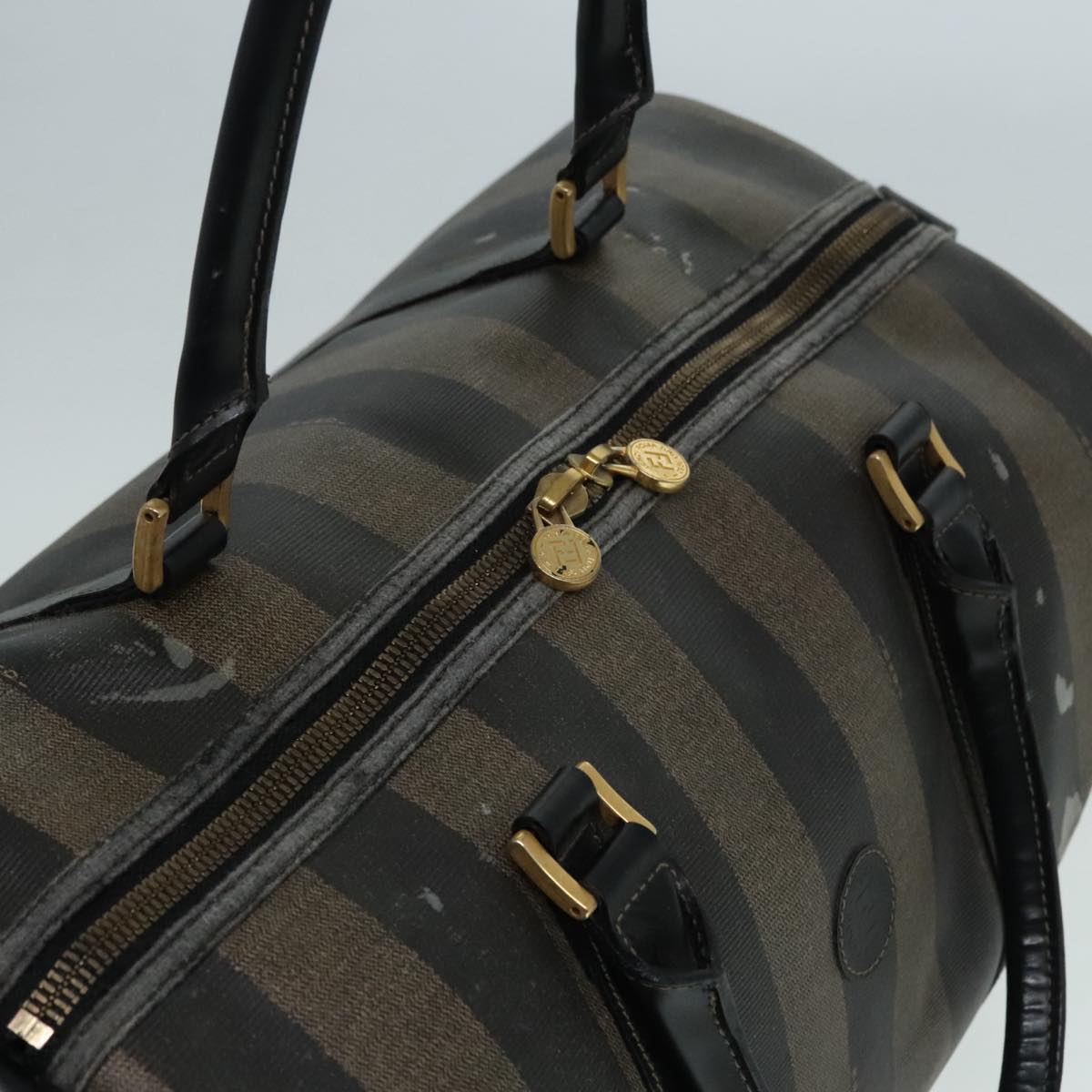 FENDI Pecan Canvas Boston Bag Brown Black gold 90887