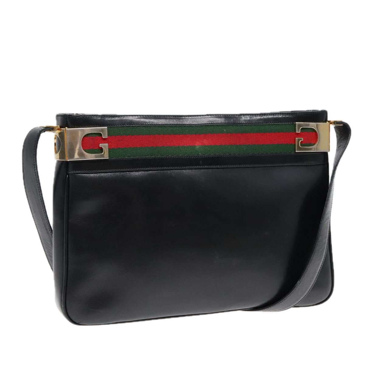 GUCCI Web Sherry Line Shoulder Bag Leather Black Gold Red 90952