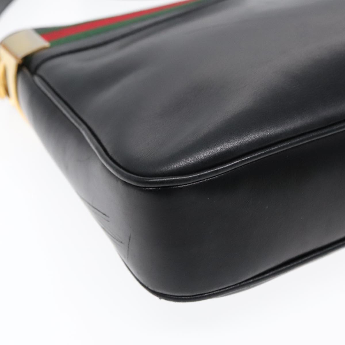 GUCCI Web Sherry Line Shoulder Bag Leather Black Gold Red 90952