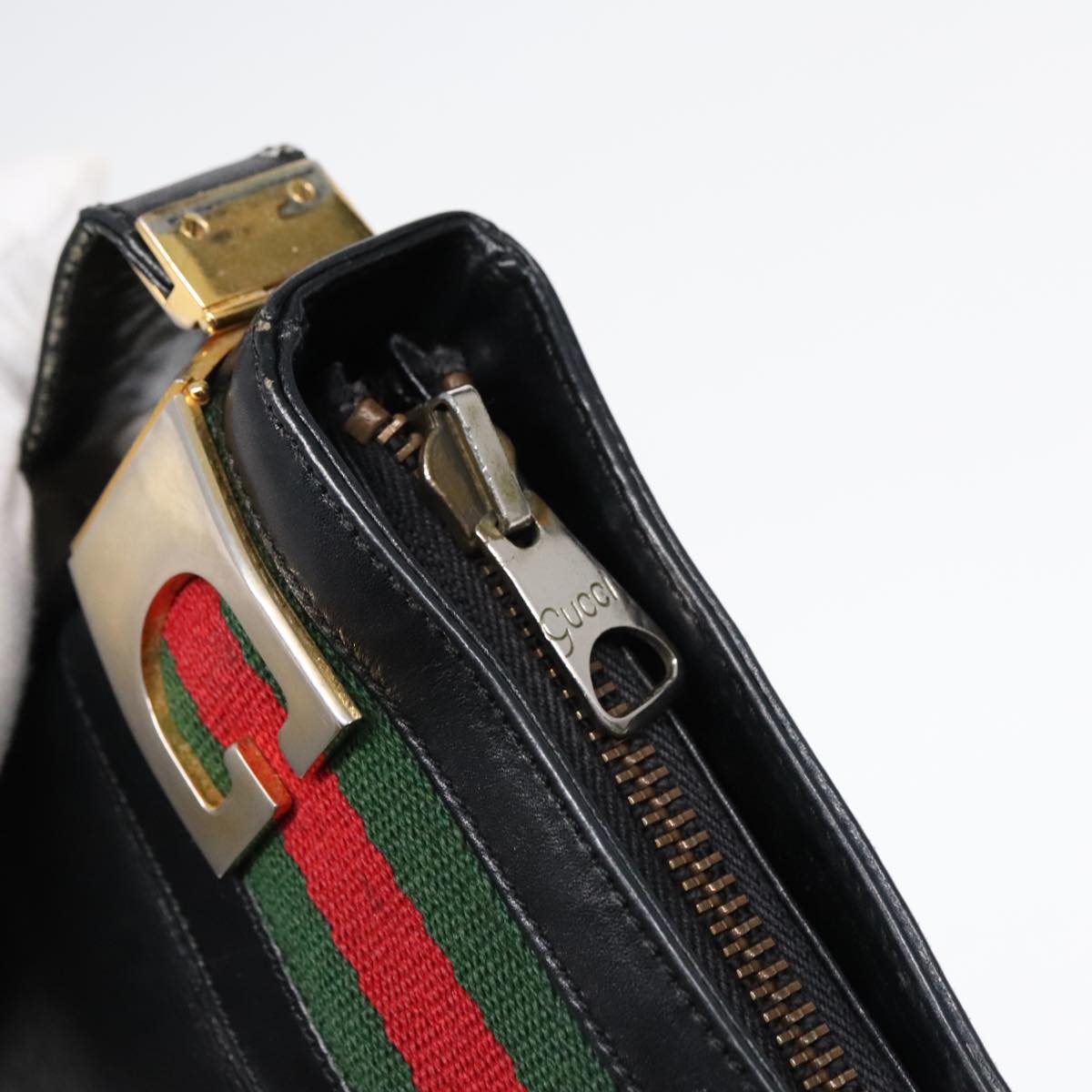 GUCCI Web Sherry Line Shoulder Bag Leather Black Gold Red 90952