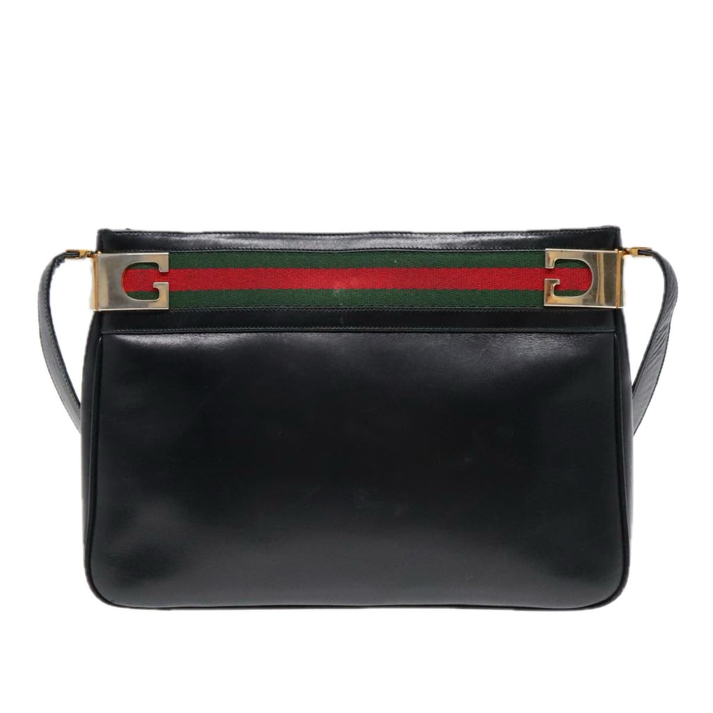 GUCCI Web Sherry Line Shoulder Bag Leather Black Gold Red 90952