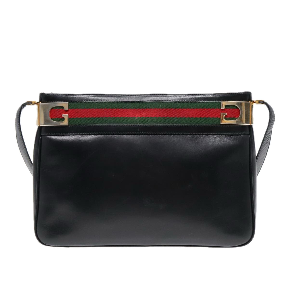 GUCCI Web Sherry Line Shoulder Bag Leather Black Gold Red 90952
