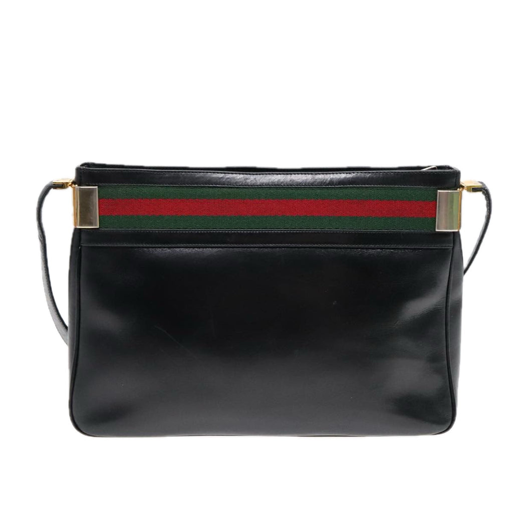 GUCCI Web Sherry Line Shoulder Bag Leather Black Gold Red 90952