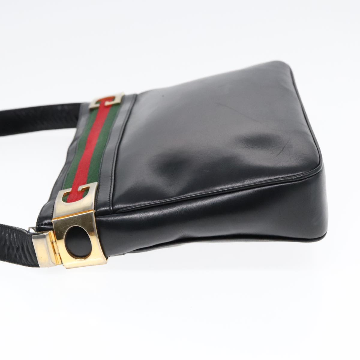 GUCCI Web Sherry Line Shoulder Bag Leather Black Gold Red 90952