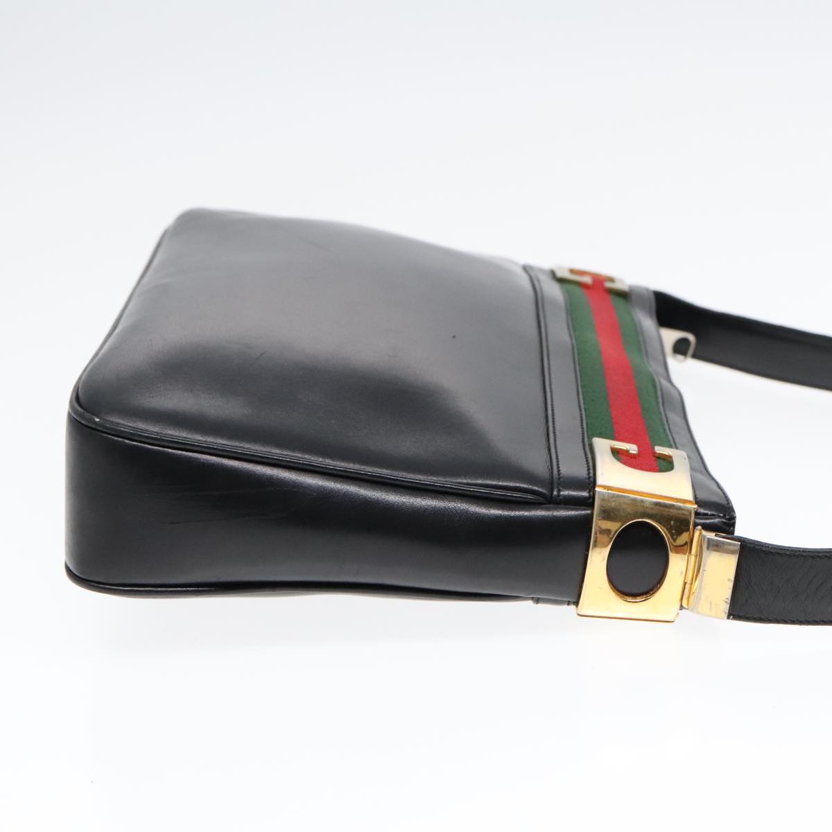 GUCCI Web Sherry Line Shoulder Bag Leather Black Gold Red 90952
