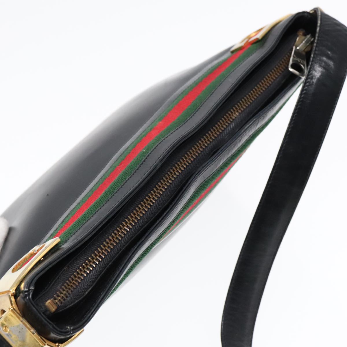 GUCCI Web Sherry Line Shoulder Bag Leather Black Gold Red 90952