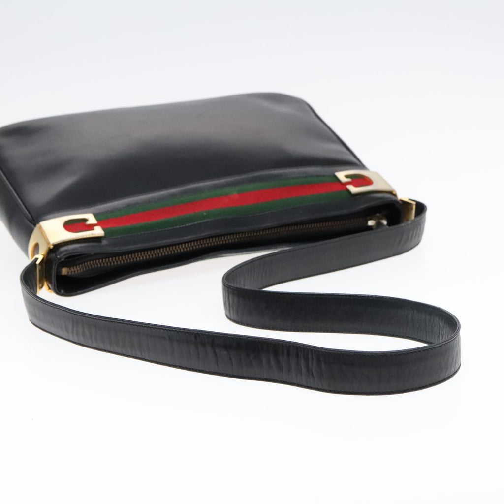 GUCCI Web Sherry Line Shoulder Bag Leather Black Gold Red 90952