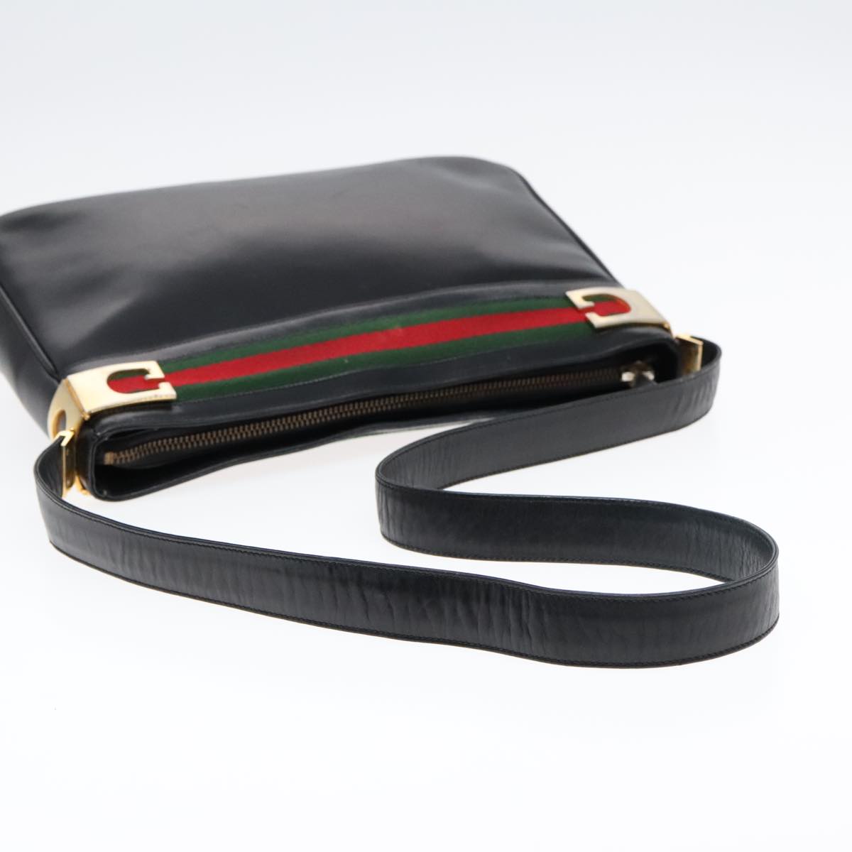 GUCCI Web Sherry Line Shoulder Bag Leather Black Gold Red 90952
