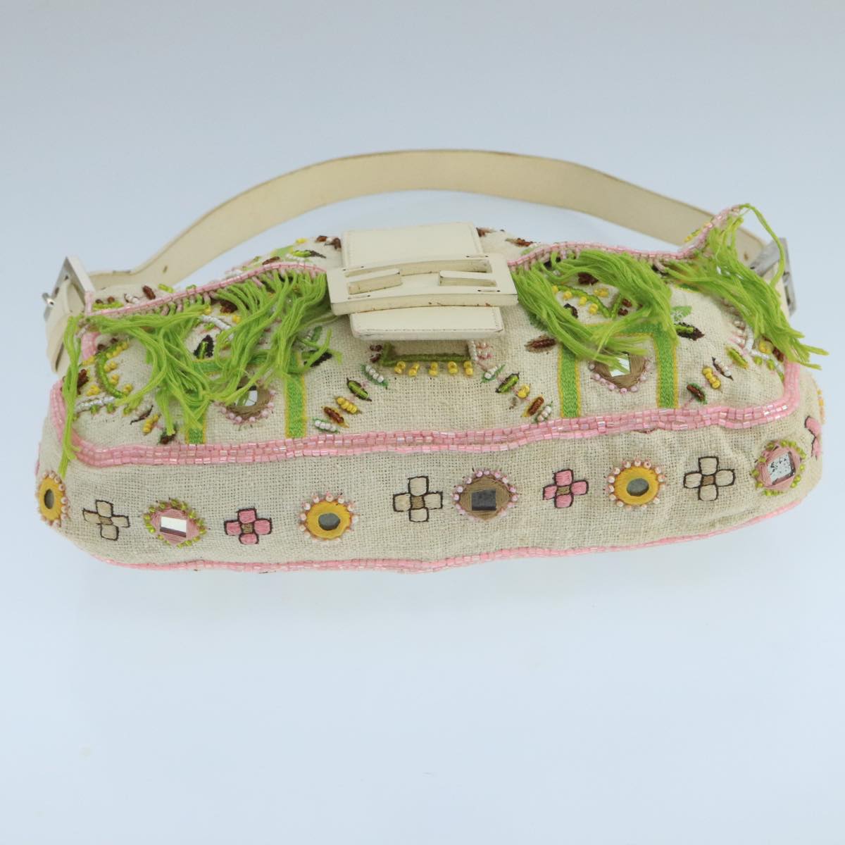 FENDI Mamma Baguette Shoulder Bag Beads Canvas White 90955A