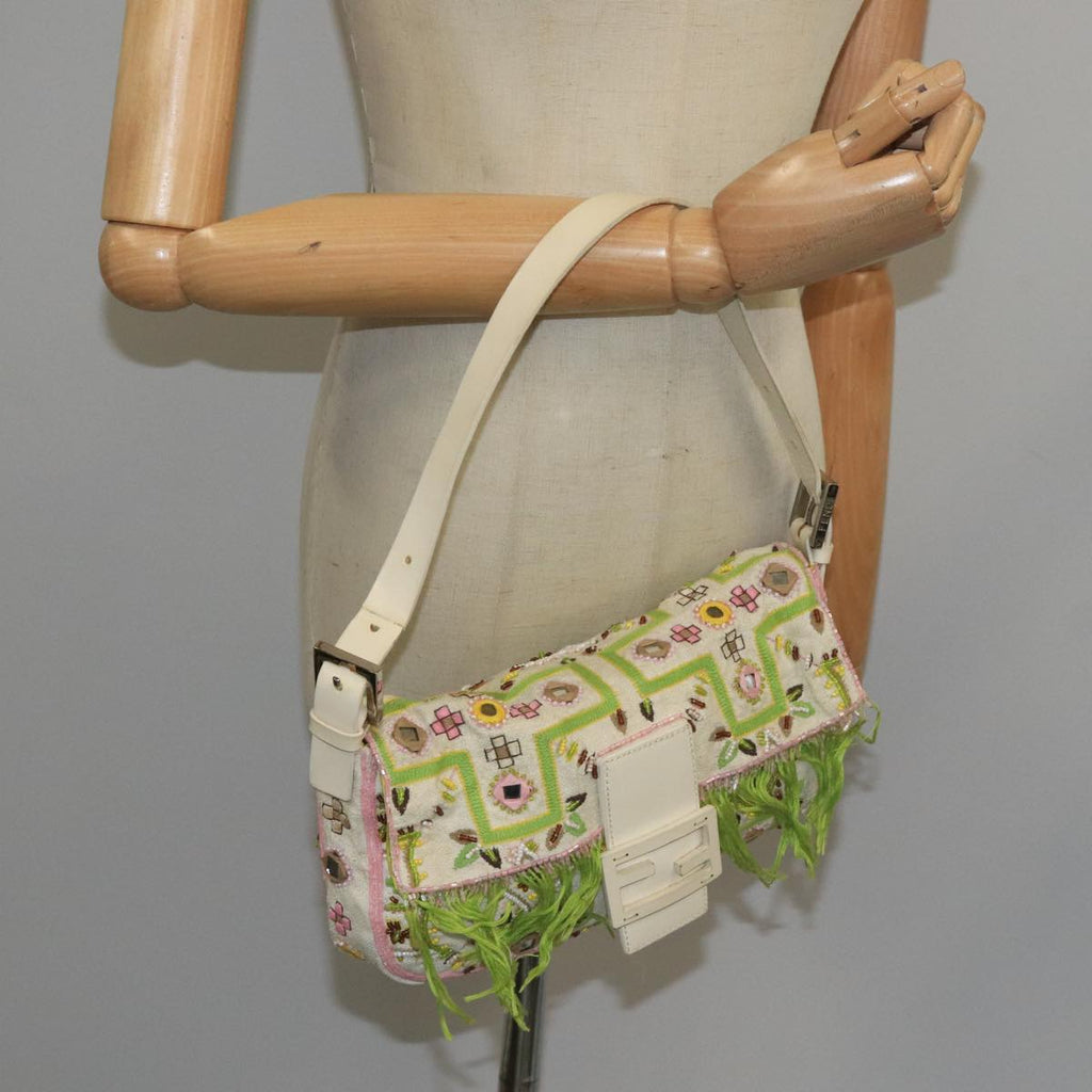 FENDI Mamma Baguette Shoulder Bag Beads Canvas White 90955A