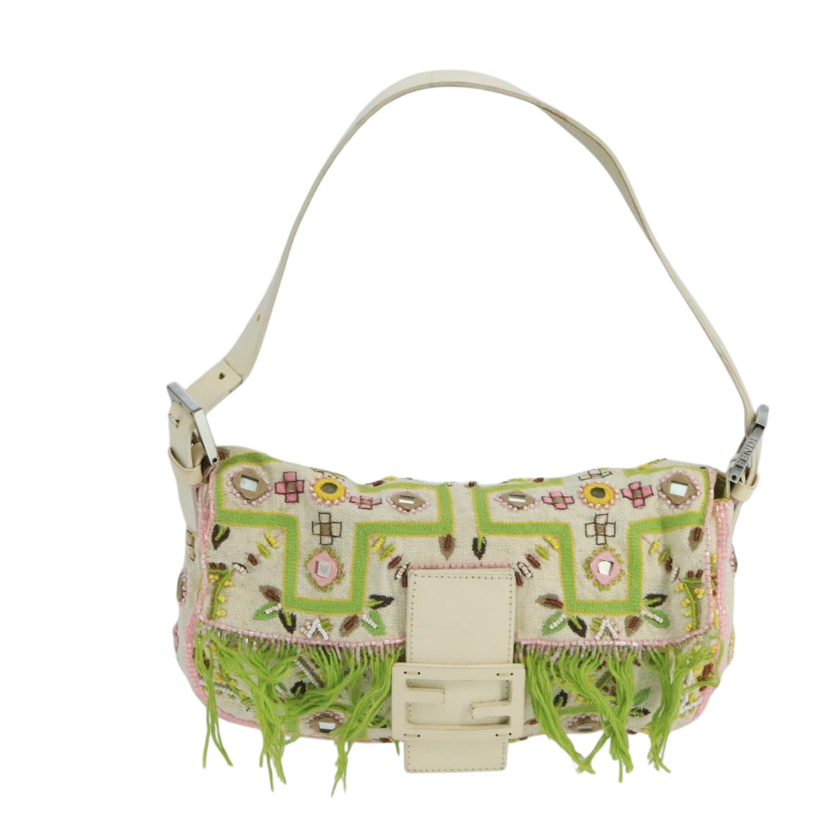 FENDI Mamma Baguette Shoulder Bag Beads Canvas White 90955A