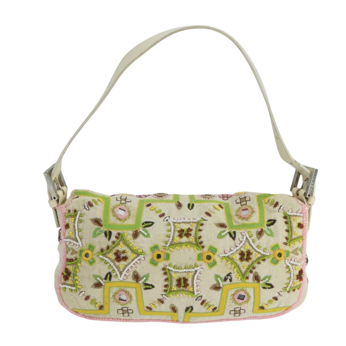 FENDI Mamma Baguette Shoulder Bag Beads Canvas White 90955A