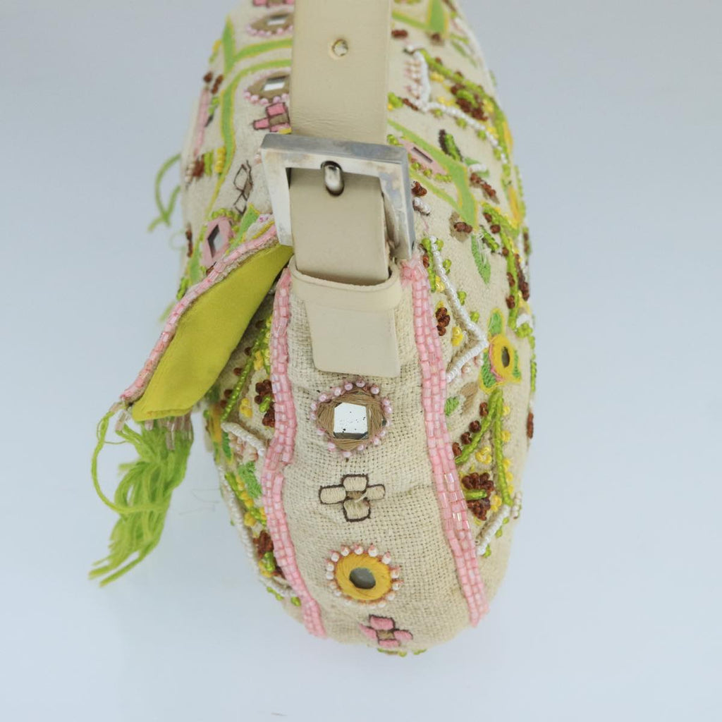 FENDI Mamma Baguette Shoulder Bag Beads Canvas White 90955A