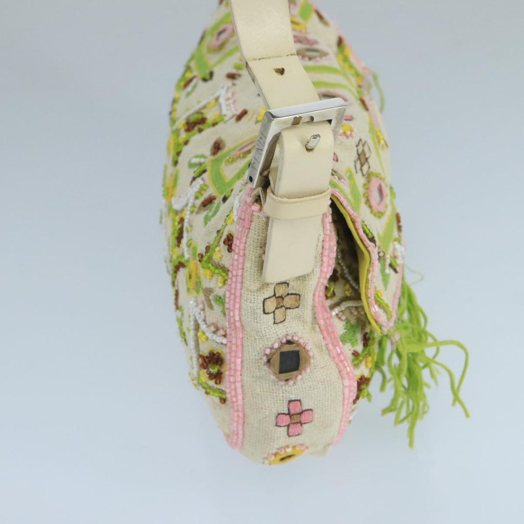 FENDI Mamma Baguette Shoulder Bag Beads Canvas White 90955A