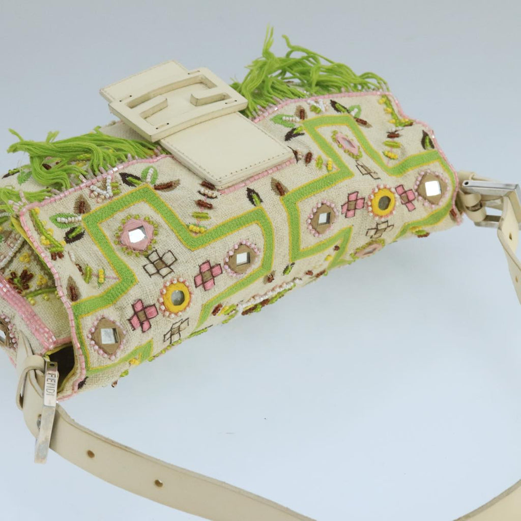FENDI Mamma Baguette Shoulder Bag Beads Canvas White 90955A