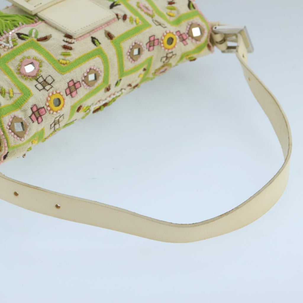 FENDI Mamma Baguette Shoulder Bag Beads Canvas White 90955A