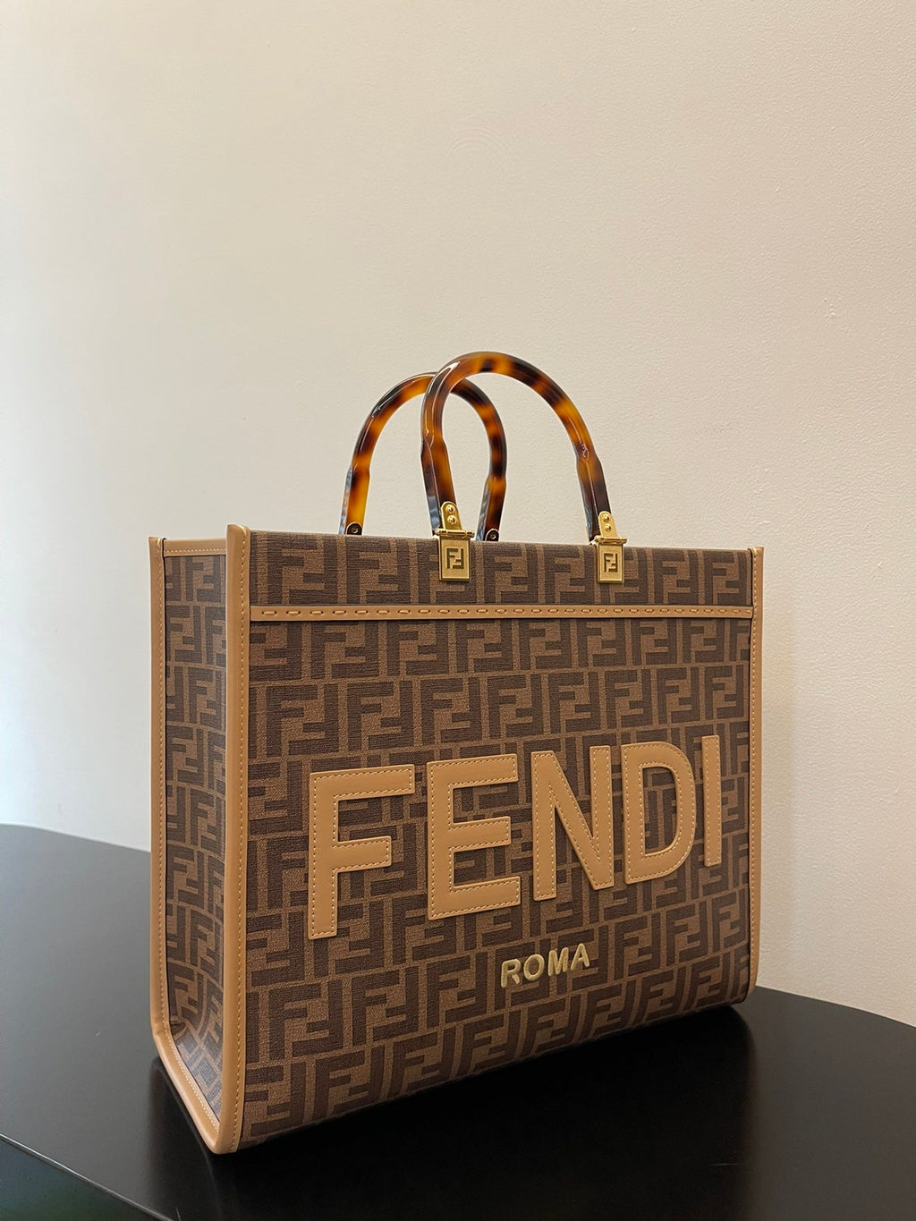 FI Sunshine MeGLAMIum Brown FF jacquard fabric shopper Bag For Woman 31cm/12in