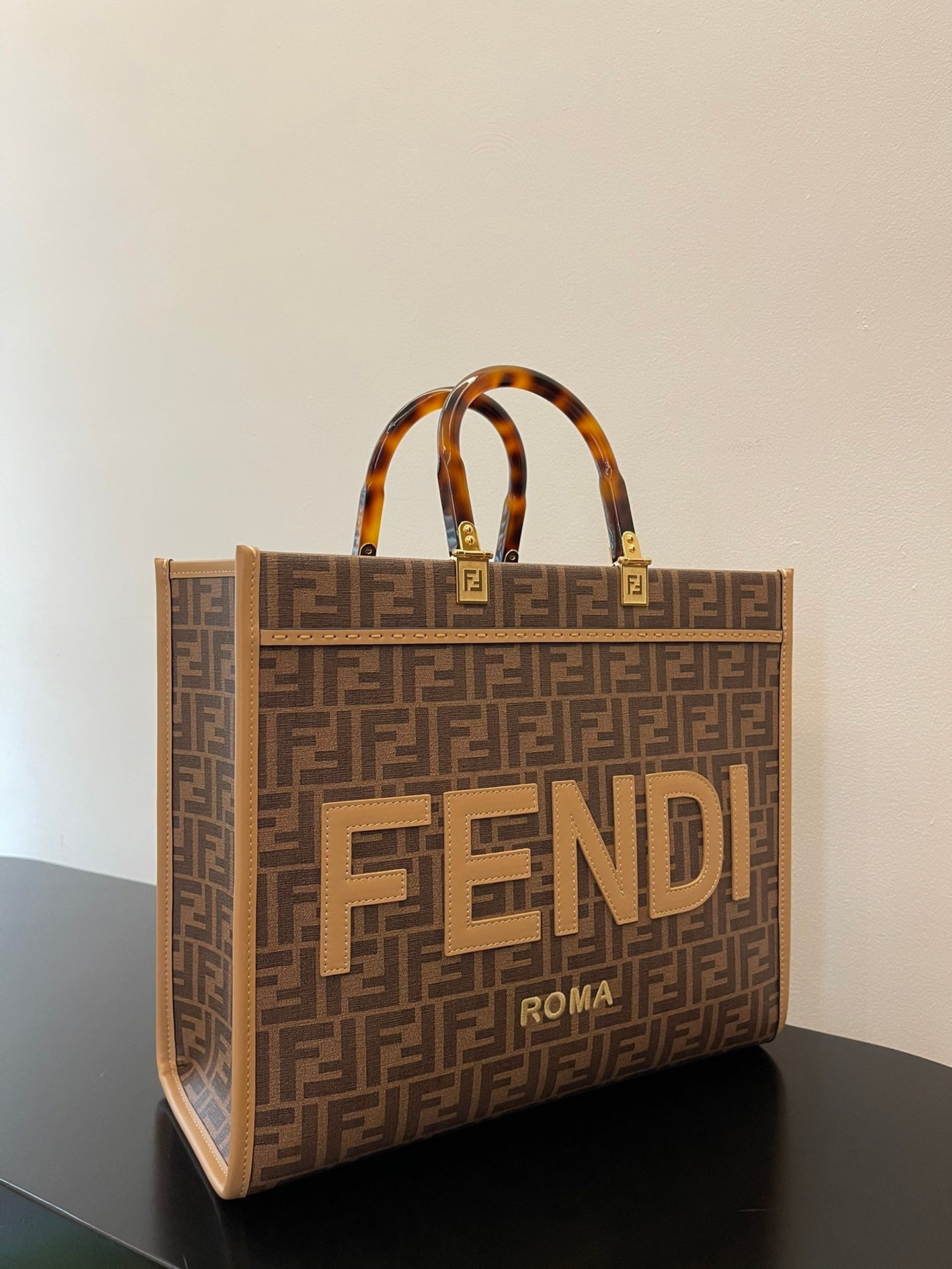 FI Sunshine MeGLAMIum Brown FF jacquard fabric shopper Bag For Woman 31cm/12in