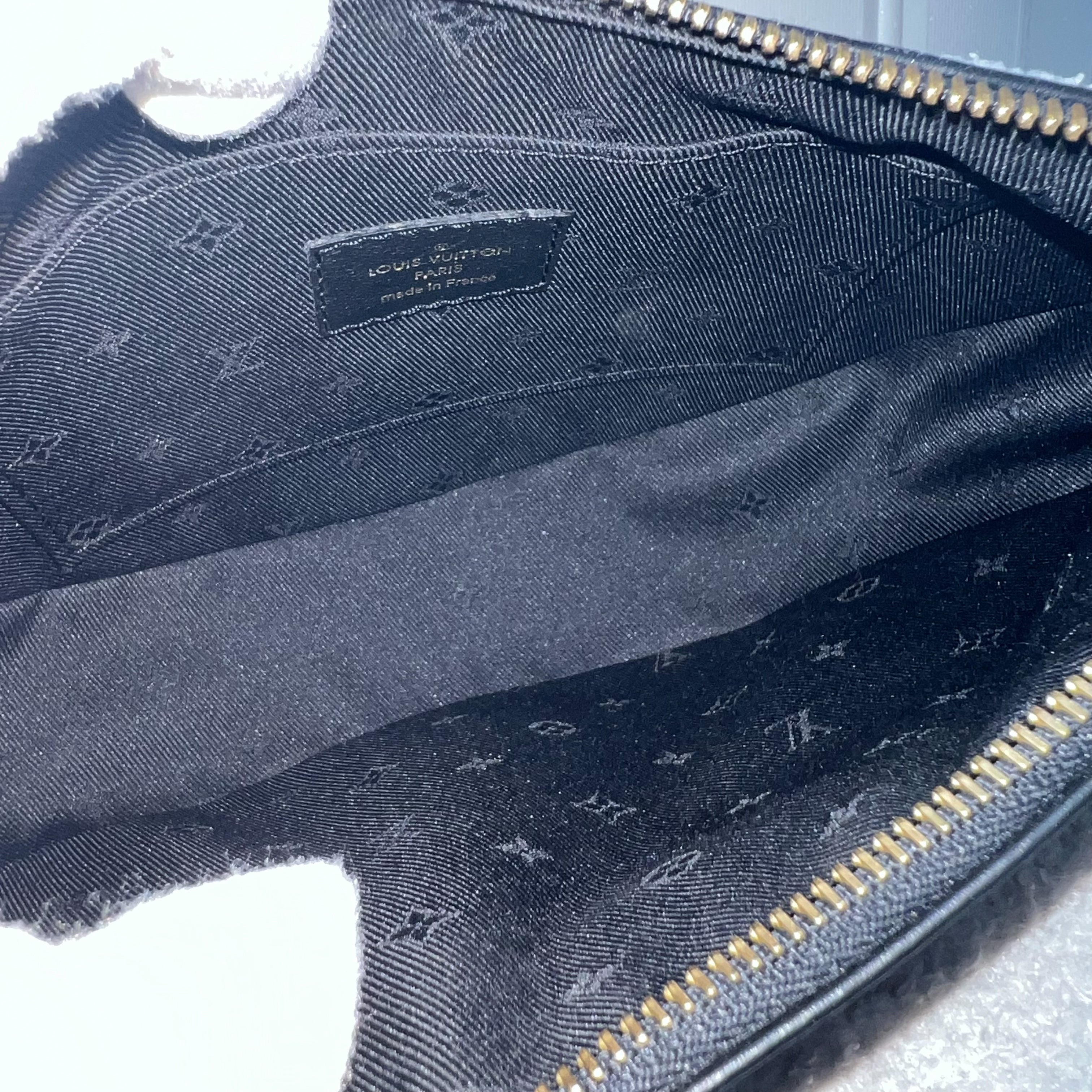 LV Over The Moon Bag in Black Bubblegram Calfskin and GHW with Canvas Strap and Chain Strap