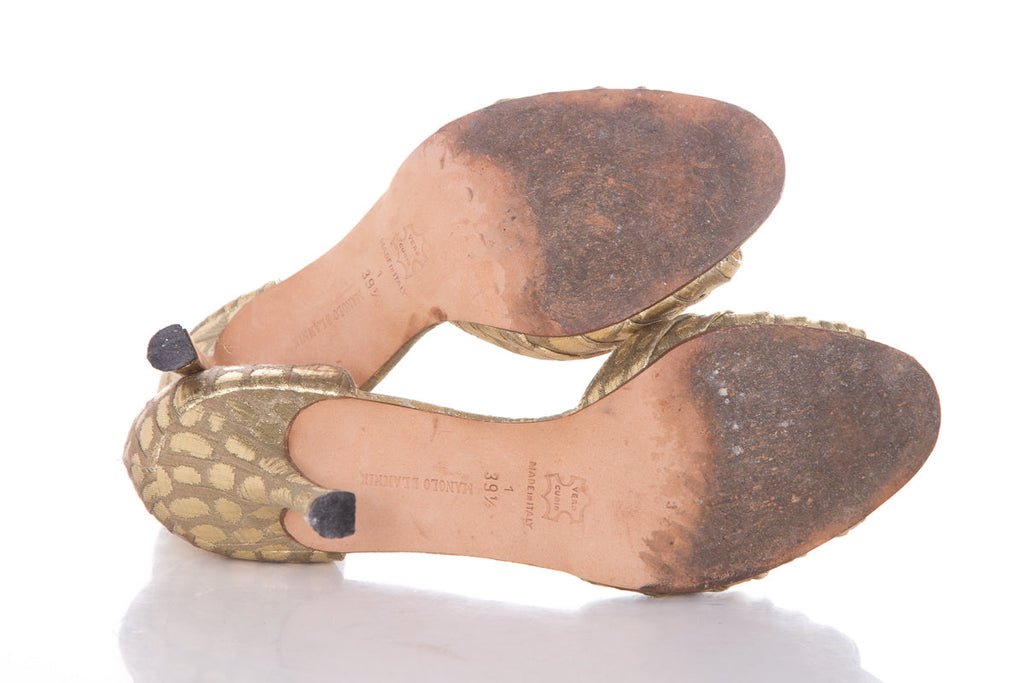 Manolo Blahnik Gold Embellished Peep Toe Heels SZ 39.5