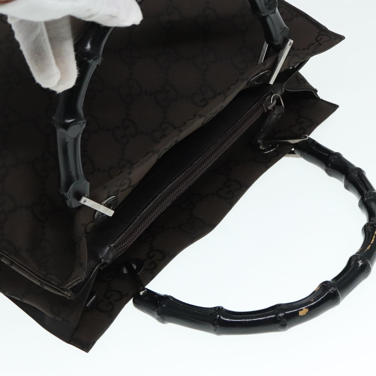 GUCCI GG Canvas Bamboo Hand Bag Brown Silver 002 1016 91003