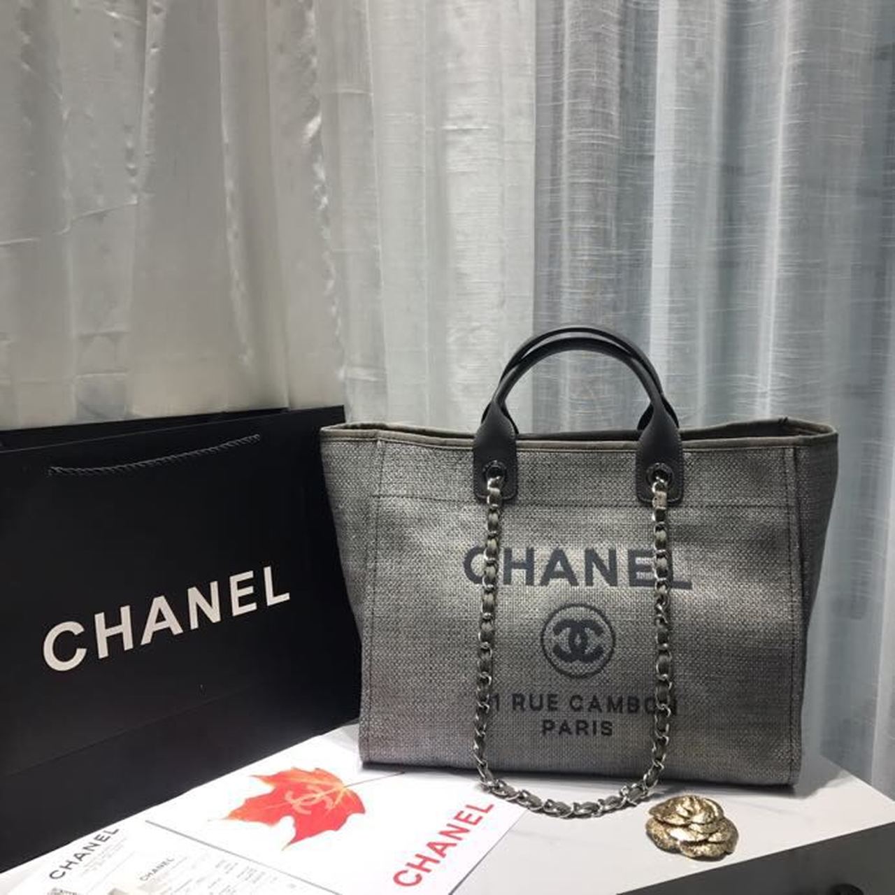 CHL Deauville Tote Tweed Canvas Bag Fall/Winter Collection, Light Grey/ Dark Grey For Women 15in/38cm
