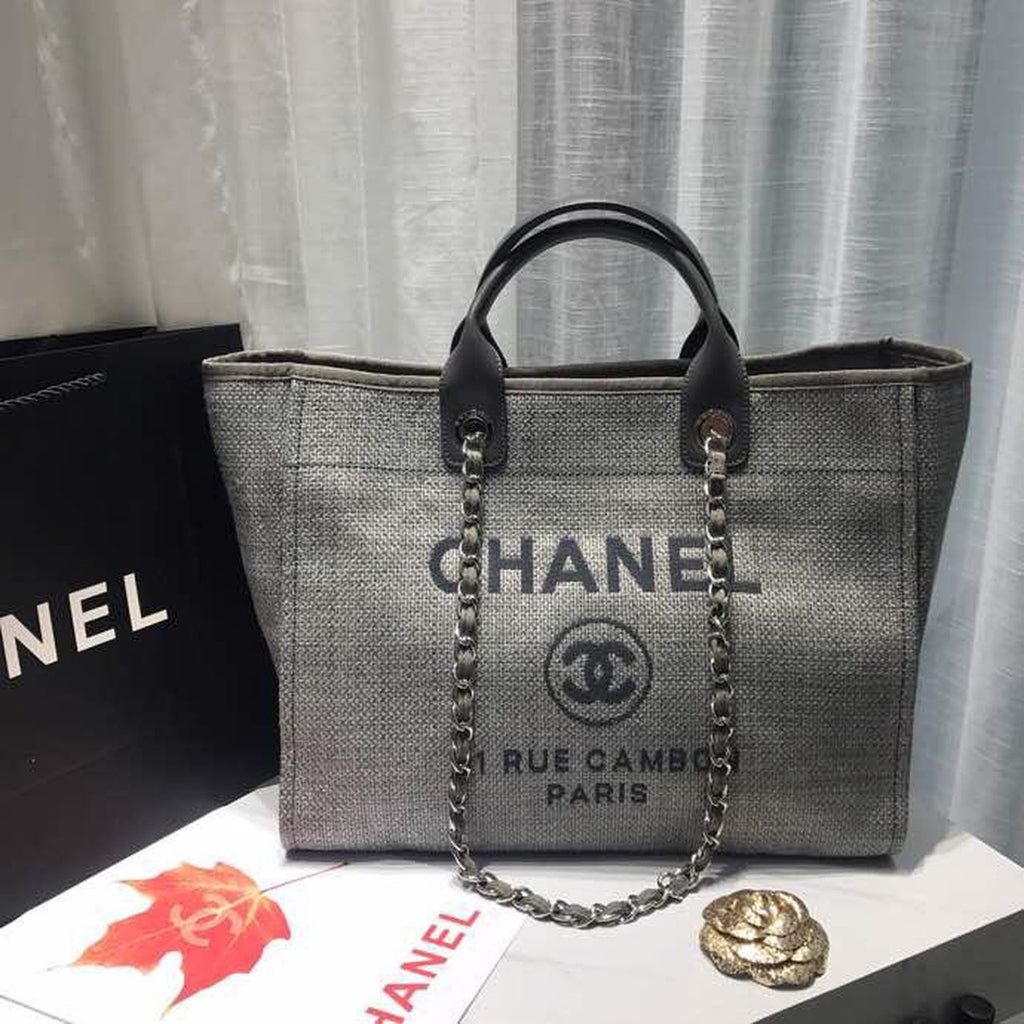 CHL Deauville Tote Tweed Canvas Bag Fall/Winter Collection, Light Grey/ Dark Grey For Women 15in/38cm