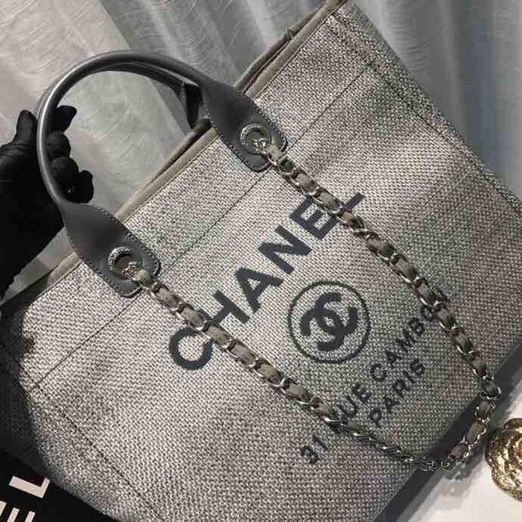 CHL Deauville Tote Tweed Canvas Bag Fall/Winter Collection, Light Grey/ Dark Grey For Women 15in/38cm