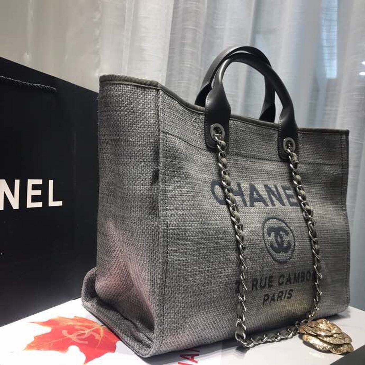 CHL Deauville Tote Tweed Canvas Bag Fall/Winter Collection, Light Grey/ Dark Grey For Women 15in/38cm