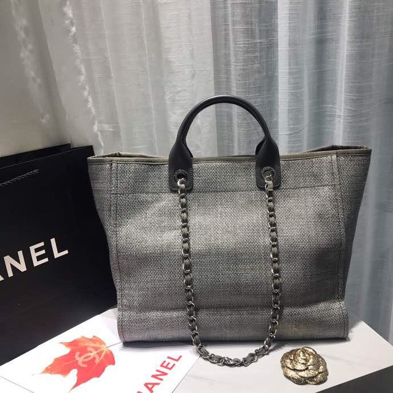 CHL Deauville Tote Tweed Canvas Bag Fall/Winter Collection, Light Grey/ Dark Grey For Women 15in/38cm