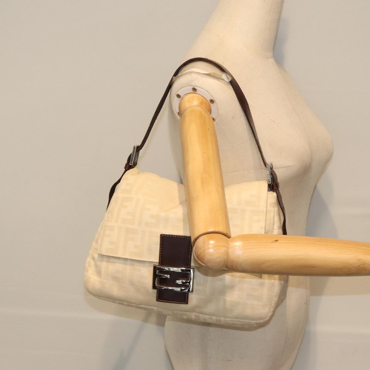 FENDI Zucca Canvas Mamma Baguette Shoulder Bag Beige Silver 91229
