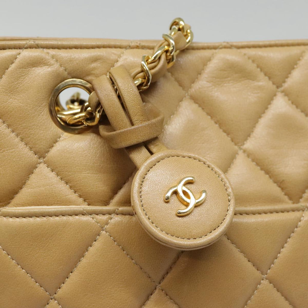 CHANEL Matelasse Chain Shoulder Bag Lamb Skin Beige Gold CC 91313