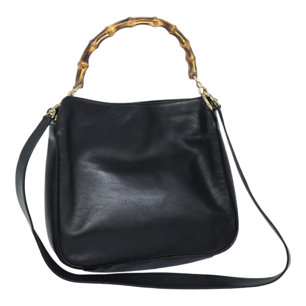 GUCCI Bamboo Hand Bag Leather 2way Black Gold 001 1998 1638 91397