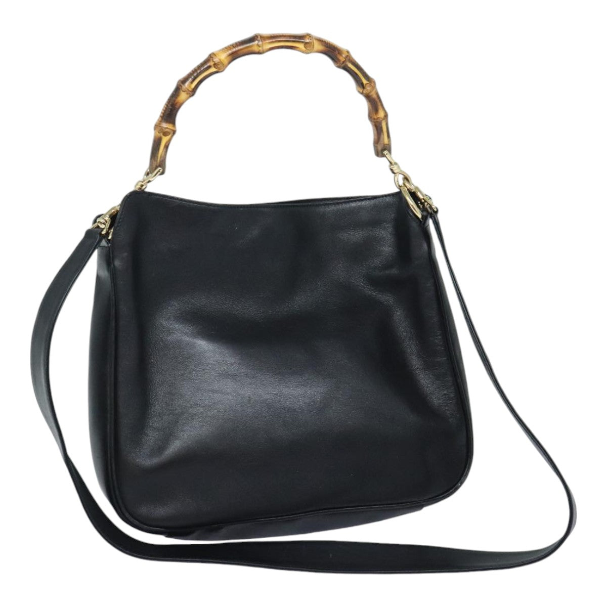 GUCCI Bamboo Hand Bag Leather 2way Black Gold 001 1998 1638 91397