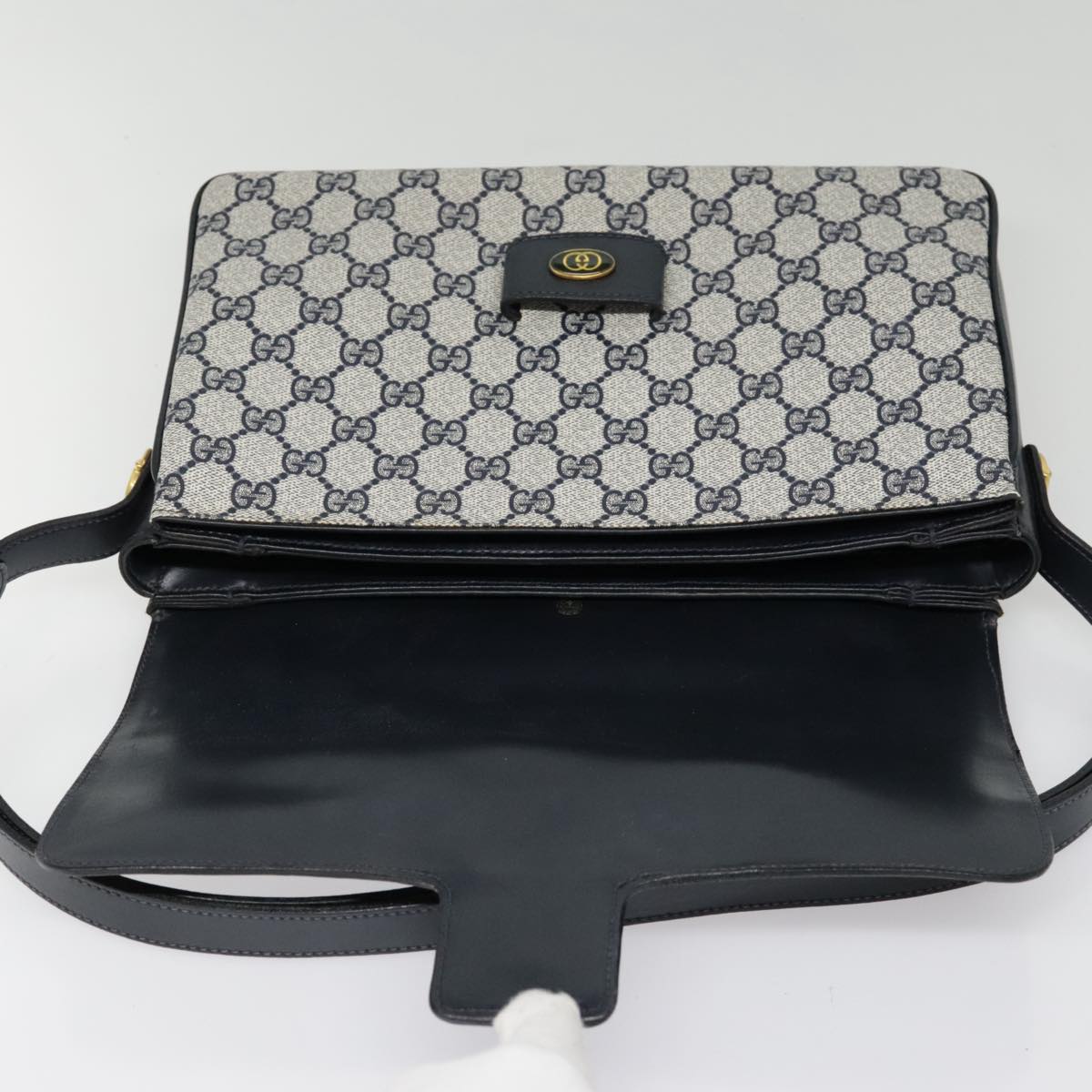 GUCCI GG Canvas Shoulder Bag PVC Leather Beige Navy 91438
