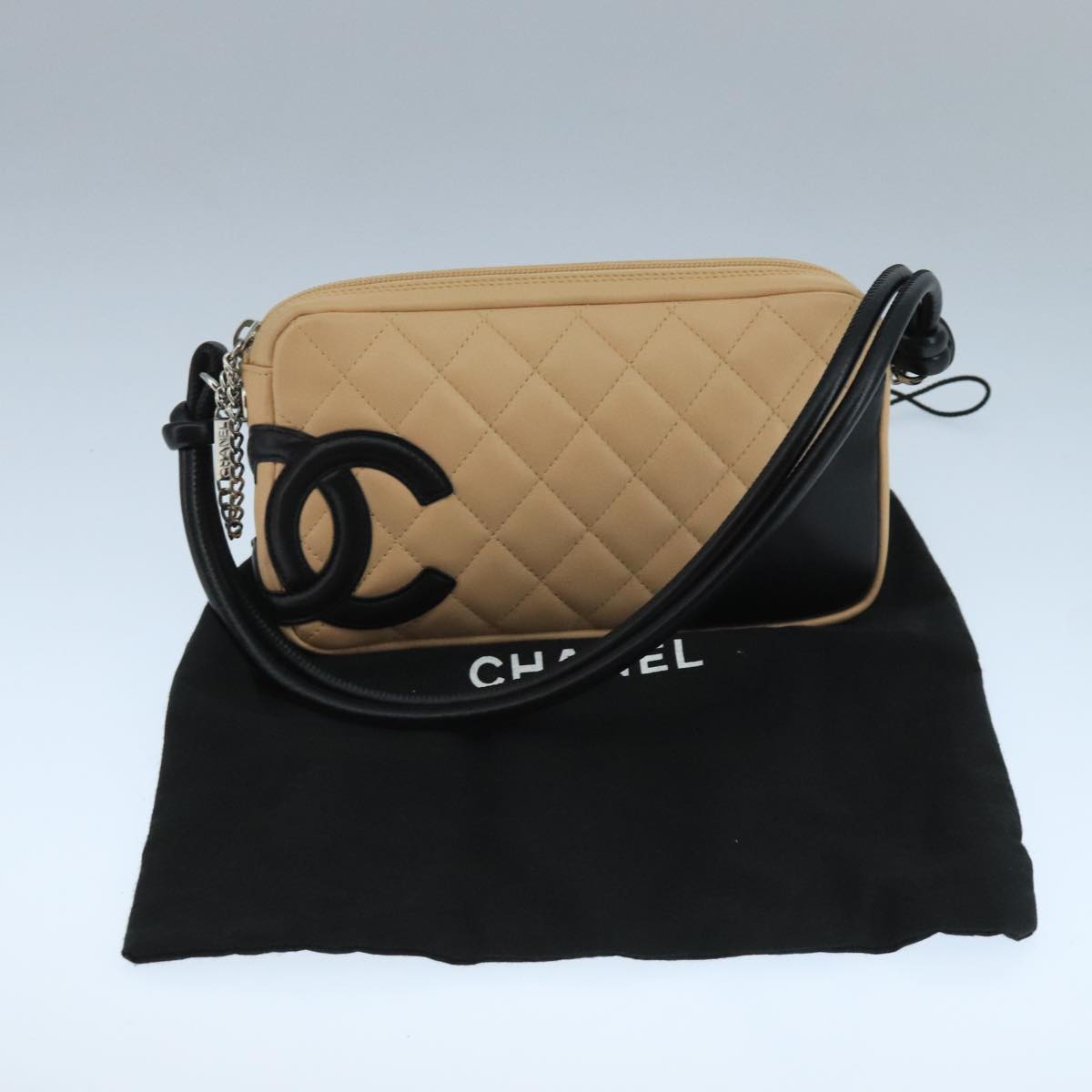 CHANEL Cambon Line Accessory Pouch Leather Black Beige CC 91552A