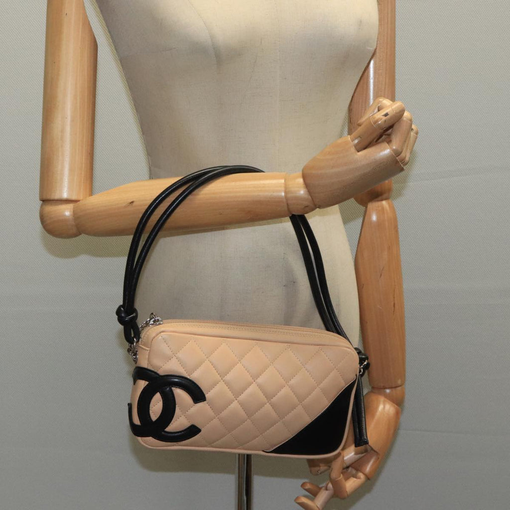 CHANEL Cambon Line Accessory Pouch Leather Black Beige CC 91552A