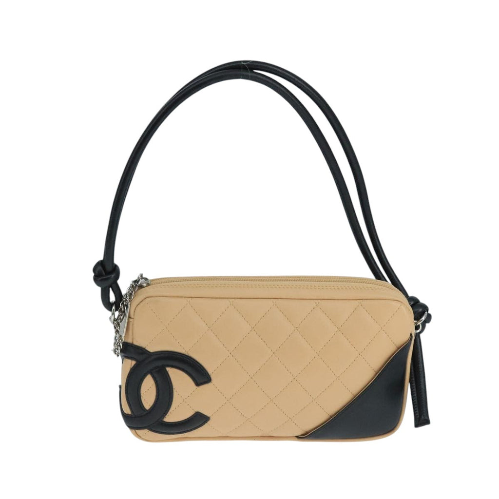 CHANEL Cambon Line Accessory Pouch Leather Black Beige CC 91552A