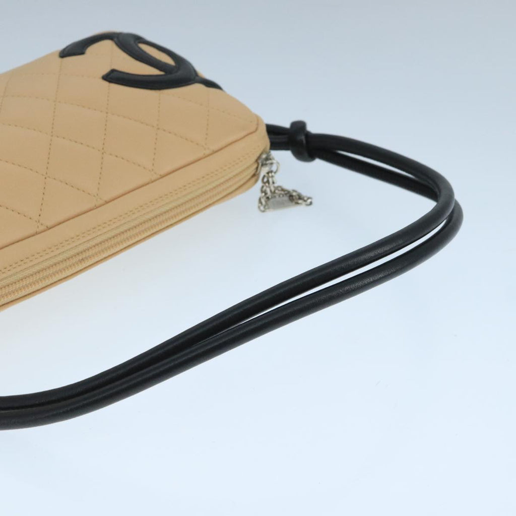 CHANEL Cambon Line Accessory Pouch Leather Black Beige CC 91552A
