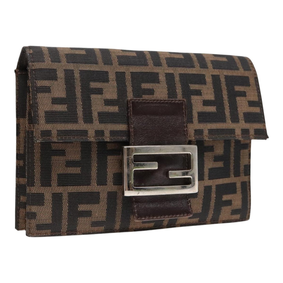 FENDI Zucca Canvas Clutch Bag Brown Black Silver 91625