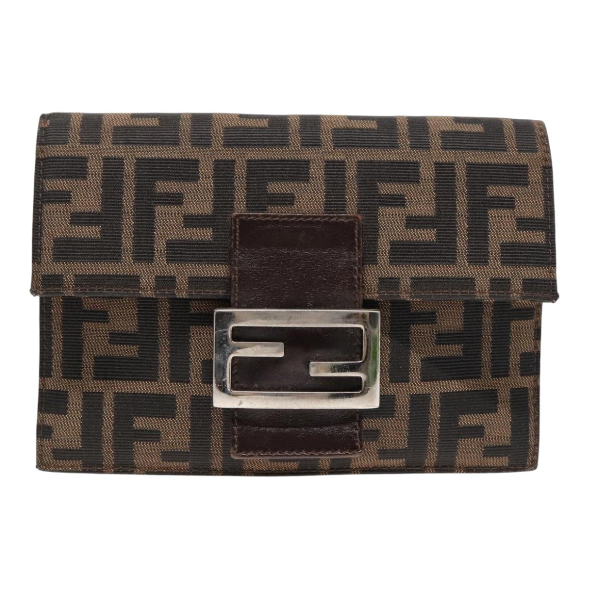 FENDI Zucca Canvas Clutch Bag Brown Black Silver 91625