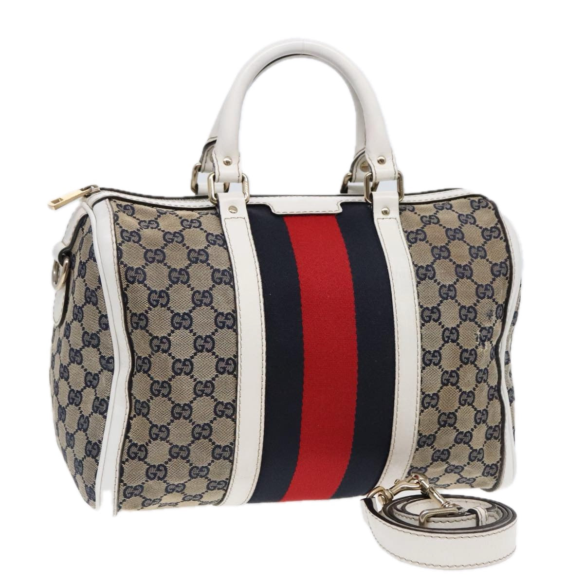GUCCI GG Canvas Sherry Line Boston Bag 2way Navy White Silver 247205 91845