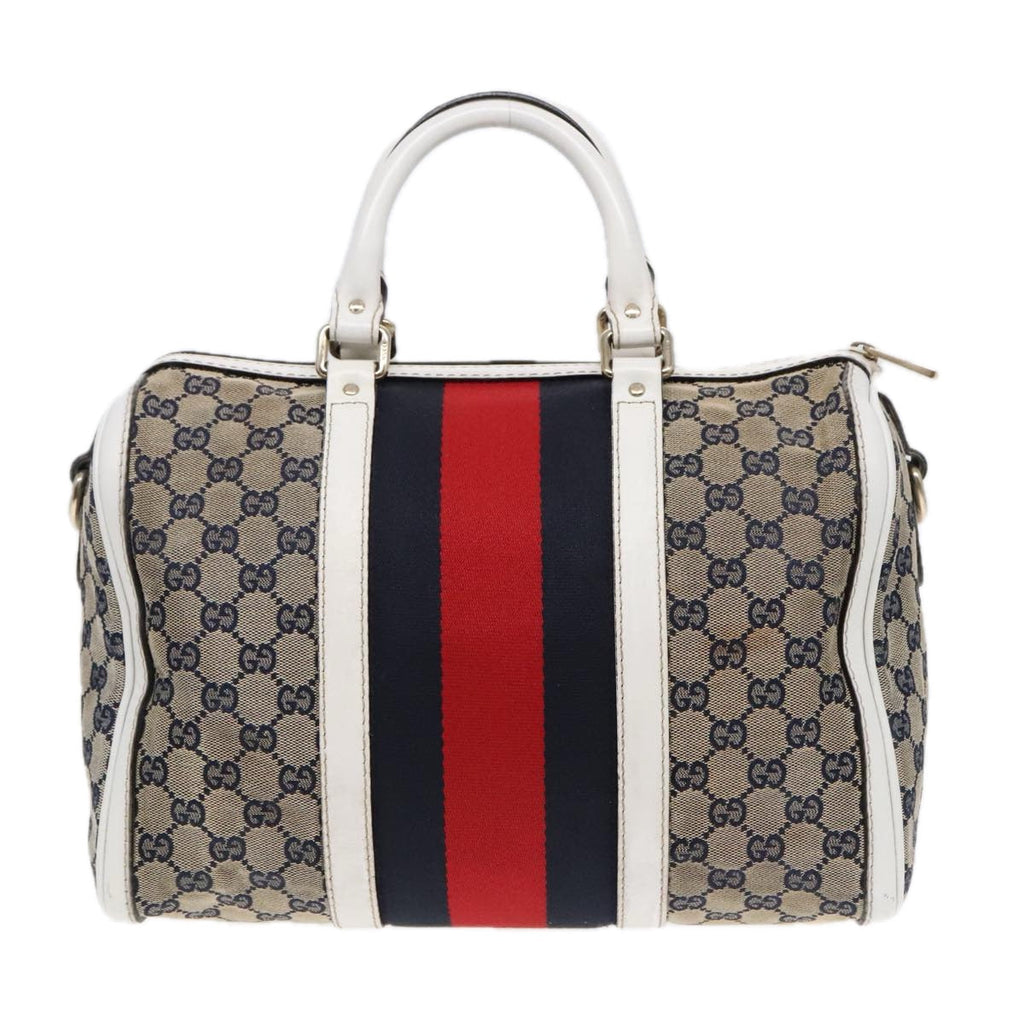GUCCI GG Canvas Sherry Line Boston Bag 2way Navy White Silver 247205 91845