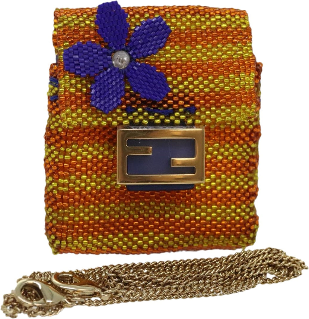 FENDI Chain Shoulder Bag Beads Orange Gold 91931