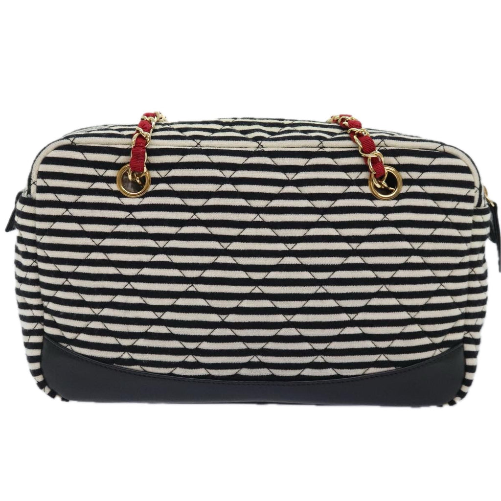 CHANEL Matelasse Chain Shoulder Bag Cotton Black White CC 92066S